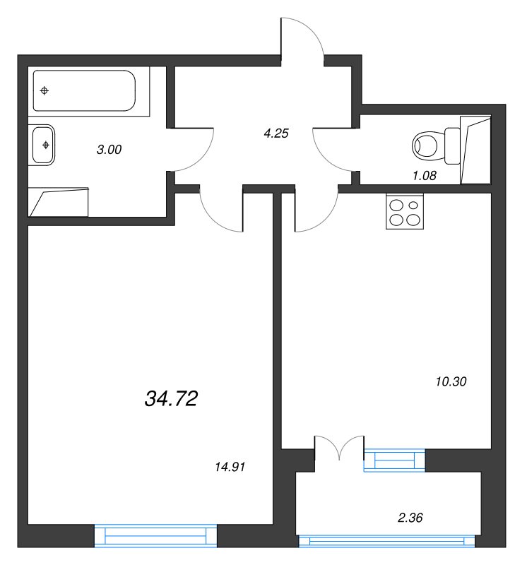 1-комнатная квартира, 34.72 м² - планировка, фото №1