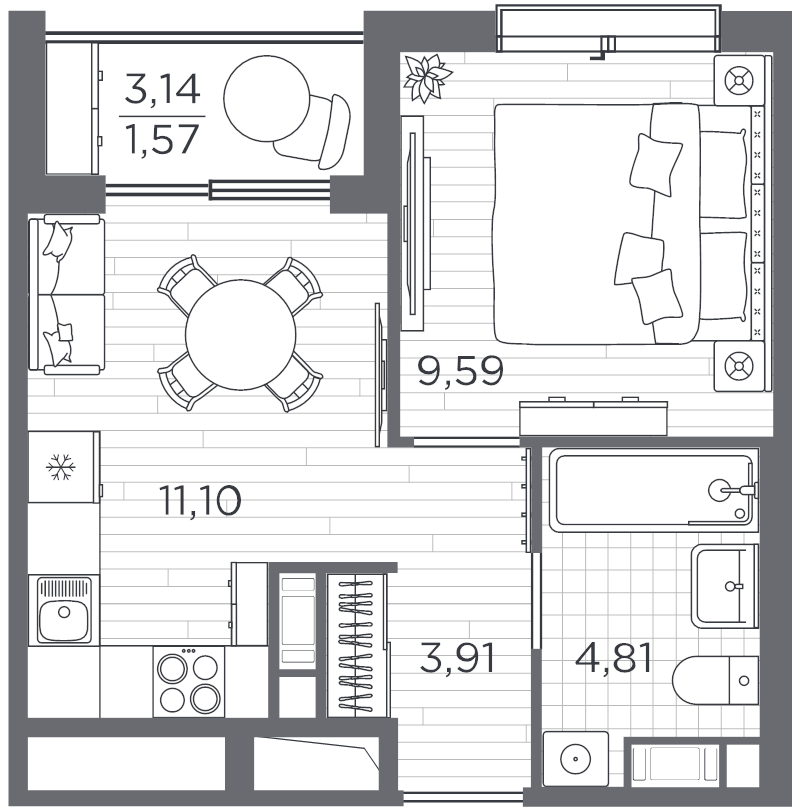 1-комнатная квартира, 30.98 м² - планировка, фото №1