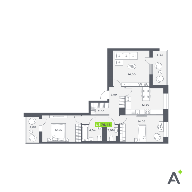 3-комнатная квартира, 76.91 м² в ЖК "Аквилон Verba" - планировка, фото №1