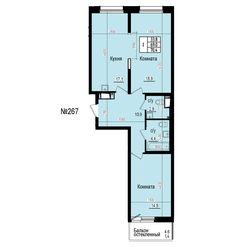3-комнатная (Евро) квартира, 70.4 м² в ЖК "ПРАГМА СИТИ" - планировка, фото №1