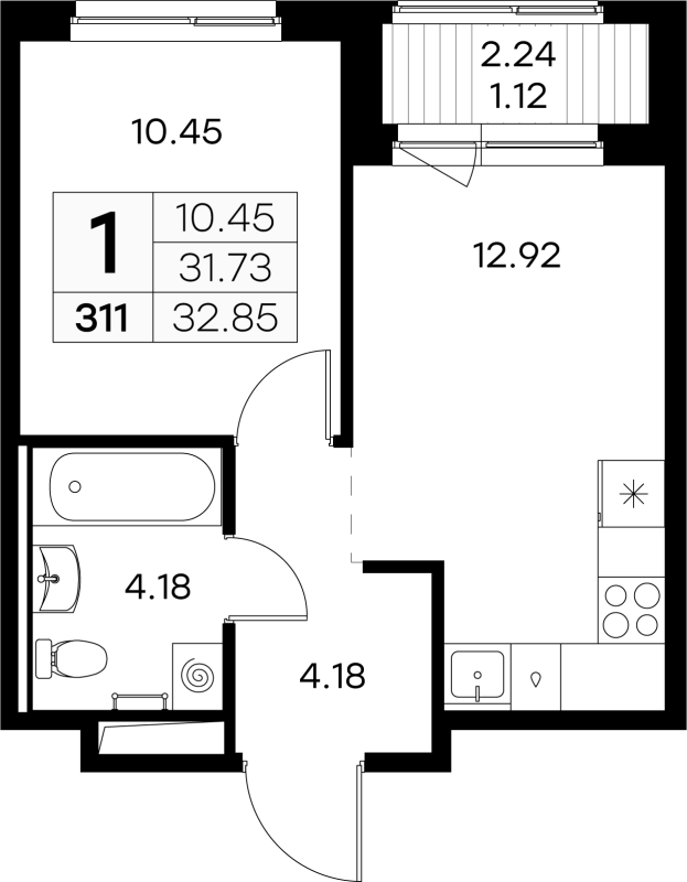 1-комнатная квартира, 32.85 м² - планировка, фото №1