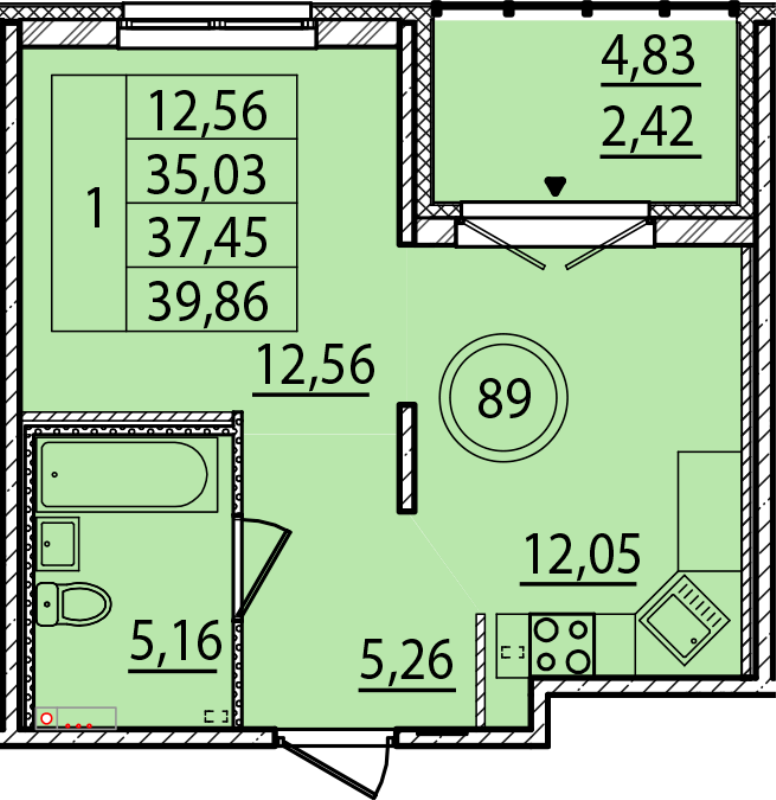1-комнатная квартира, 35.03 м² - планировка, фото №1