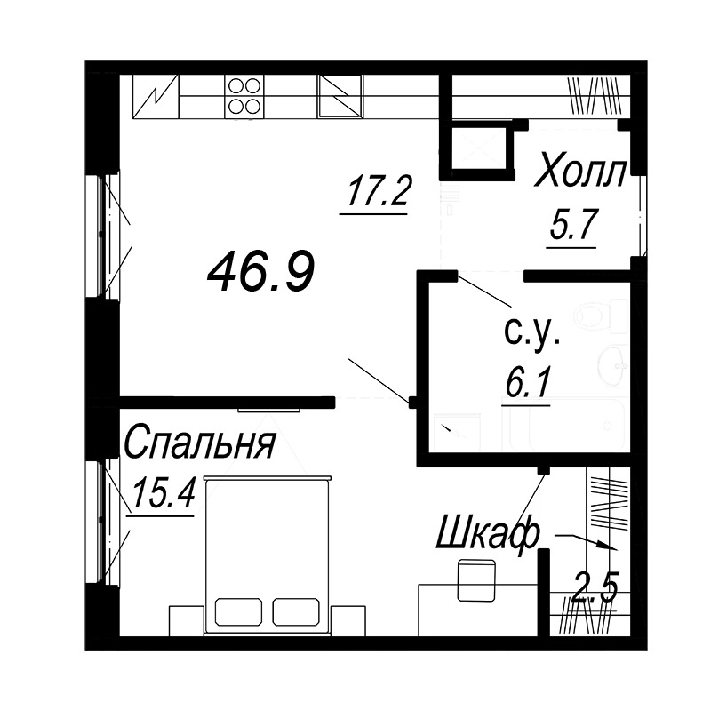 2-комнатная (Евро) квартира, 47.4 м² - планировка, фото №1