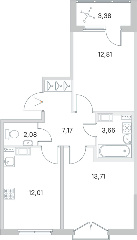 2-комнатная квартира, 51.44 м² в ЖК "Любоград" - планировка, фото №1