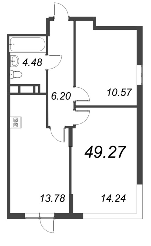 2-комнатная квартира, 49.27 м² - планировка, фото №1