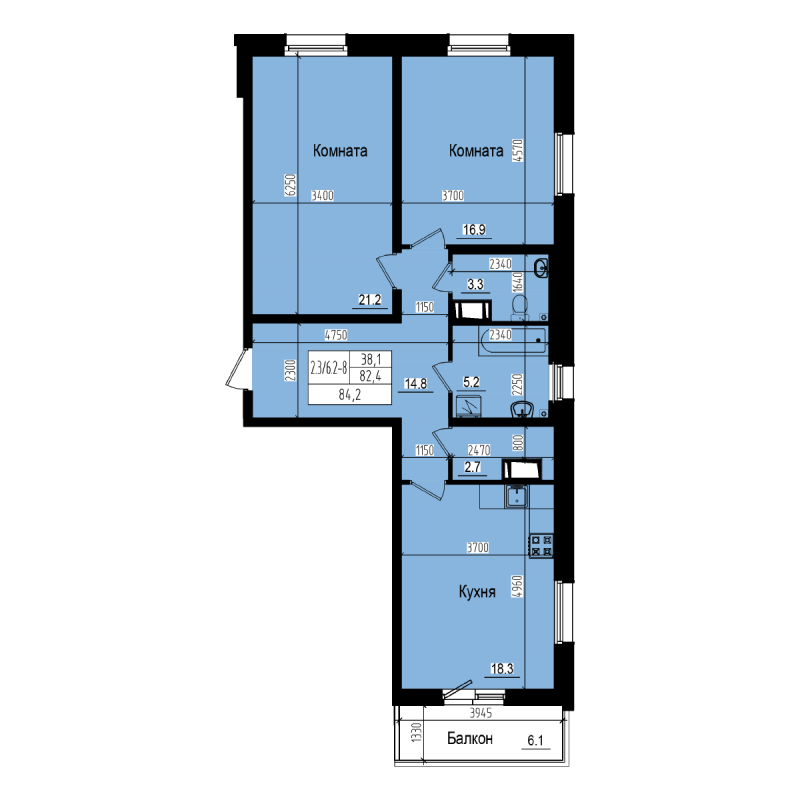3-комнатная (Евро) квартира, 84.2 м² - планировка, фото №1