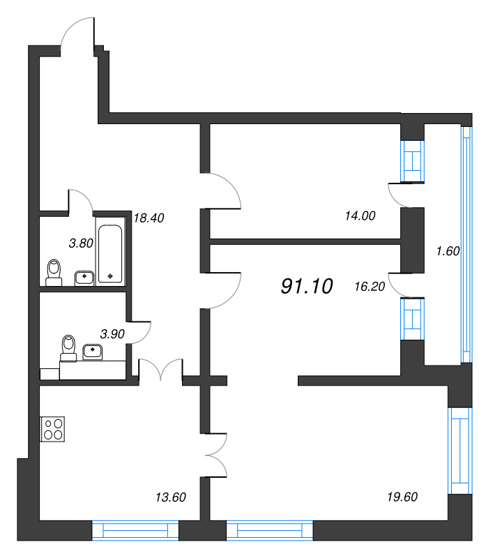 3-комнатная квартира, 91.1 м² - планировка, фото №1