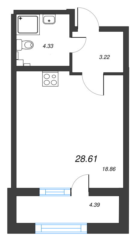 Квартира-студия, 28.61 м² в ЖК "БелАрт" - планировка, фото №1
