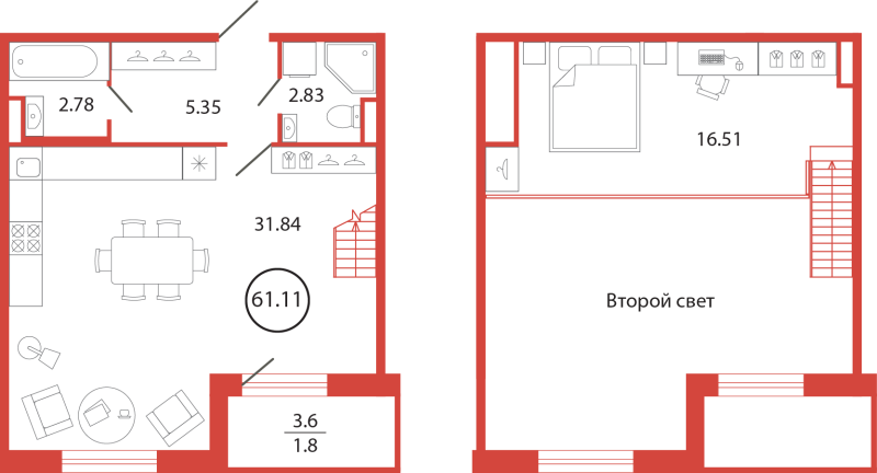 2-комнатная (Евро) квартира, 61.11 м² в ЖК "Энфилд" - планировка, фото №1