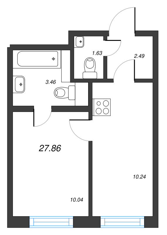 1-комнатная квартира, 27.86 м² - планировка, фото №1