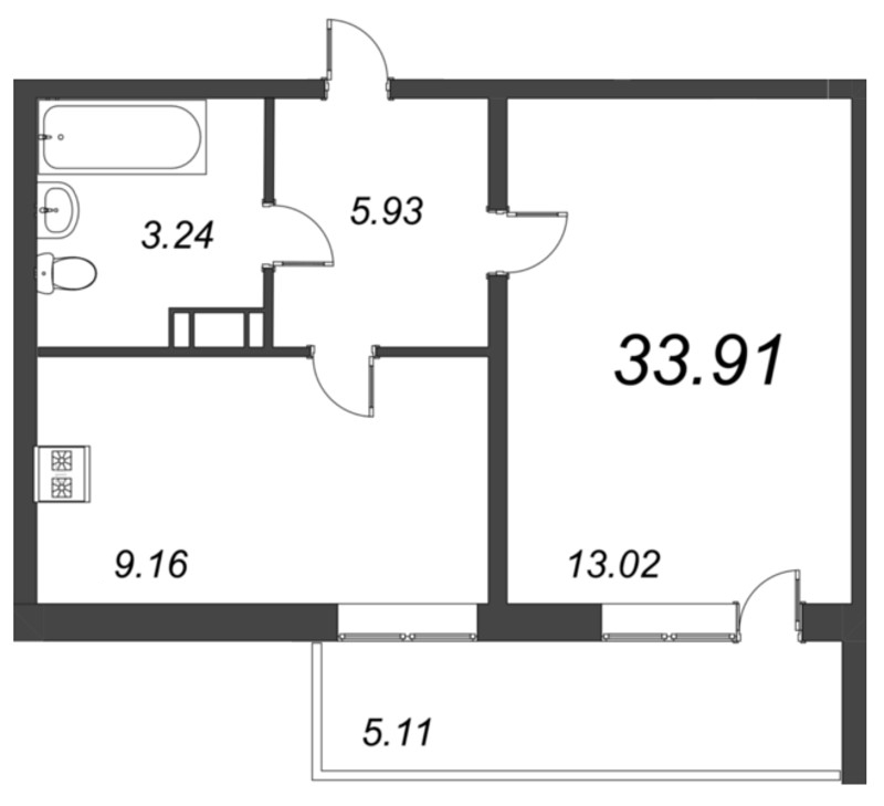 1-комнатная квартира, 33.91 м² в ЖК "Капральский" - планировка, фото №1