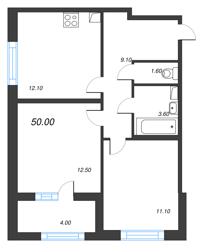 2-комнатная квартира, 50 м² - планировка, фото №1