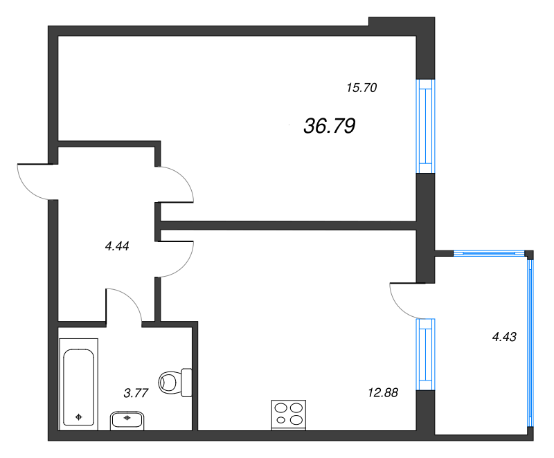 1-комнатная квартира, 36.79 м² - планировка, фото №1
