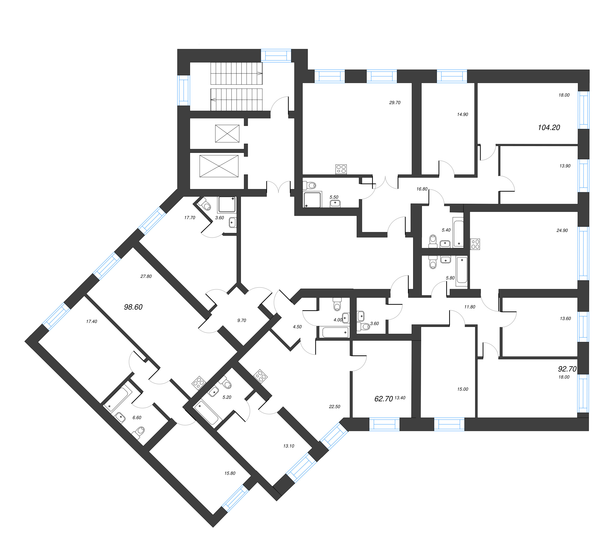 3-комнатная квартира, 92.7 м² в ЖК "Листва" - планировка этажа