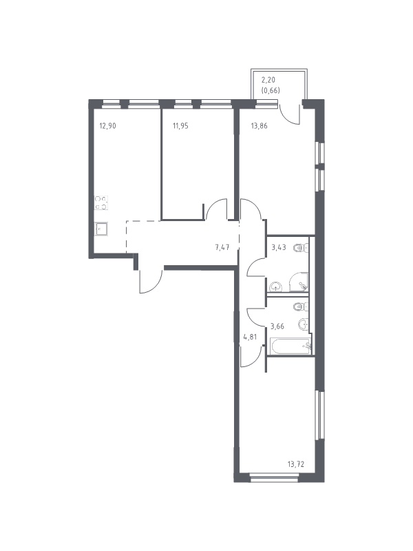 3-комнатная квартира, 72.46 м² - планировка, фото №1