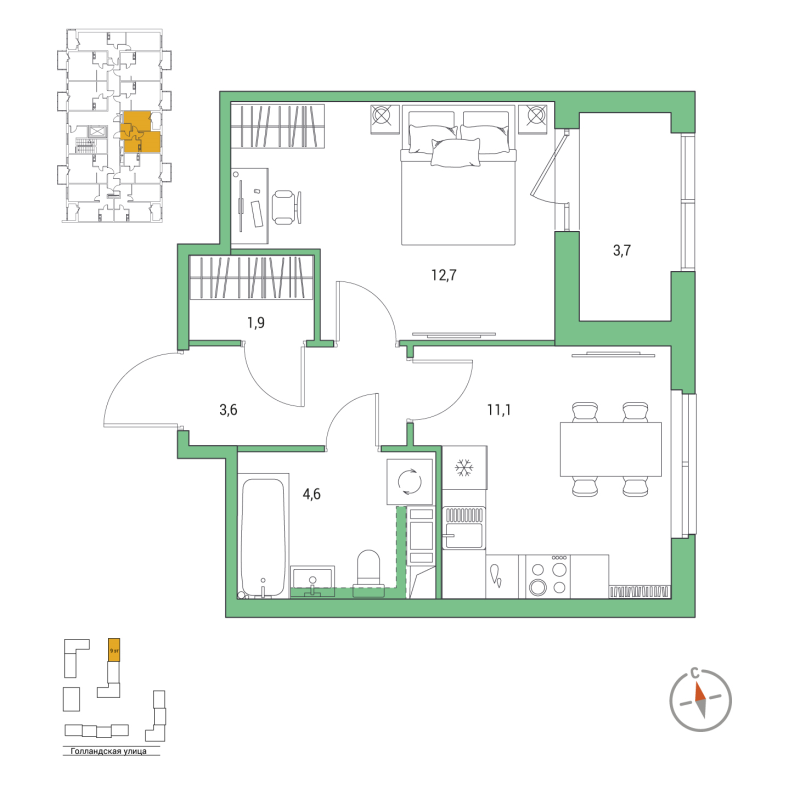 1-комнатная квартира, 35.8 м² в ЖК "Янила Форест" - планировка, фото №1