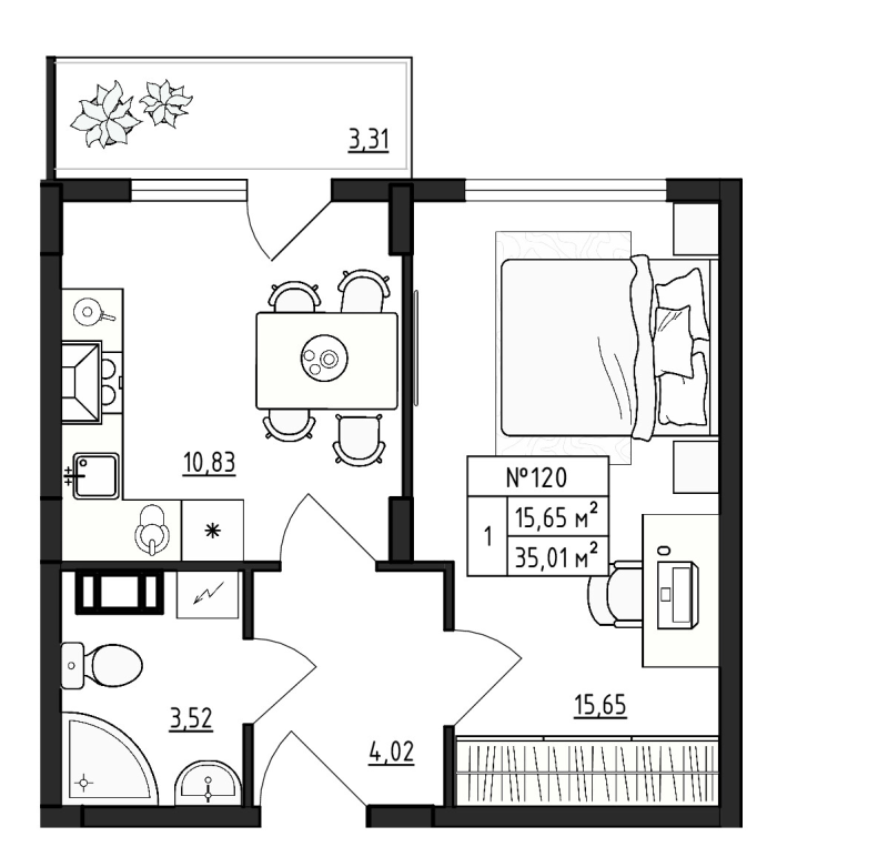 1-комнатная квартира, 35.01 м² - планировка, фото №1