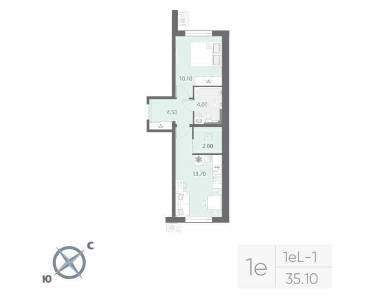 1-комнатная квартира, 35.1 м² в ЖК "Зеркальный ручей" - планировка, фото №1