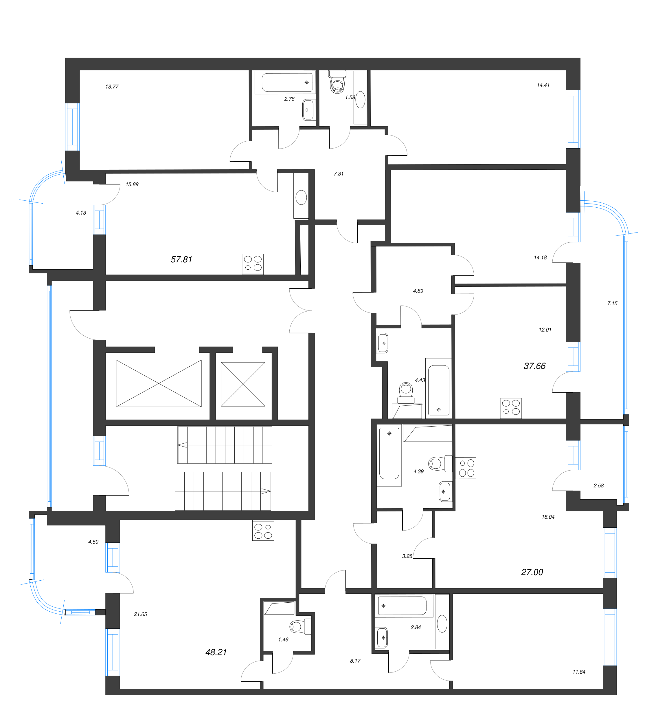3-комнатная (Евро) квартира, 57.81 м² - планировка этажа