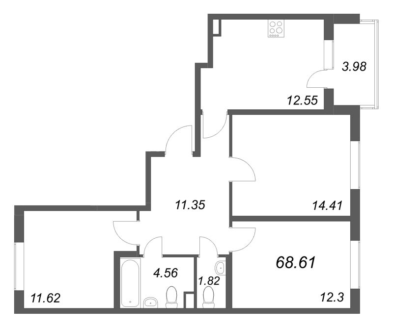 3-комнатная квартира, 68.61 м² в ЖК "ЮгТаун" - планировка, фото №1