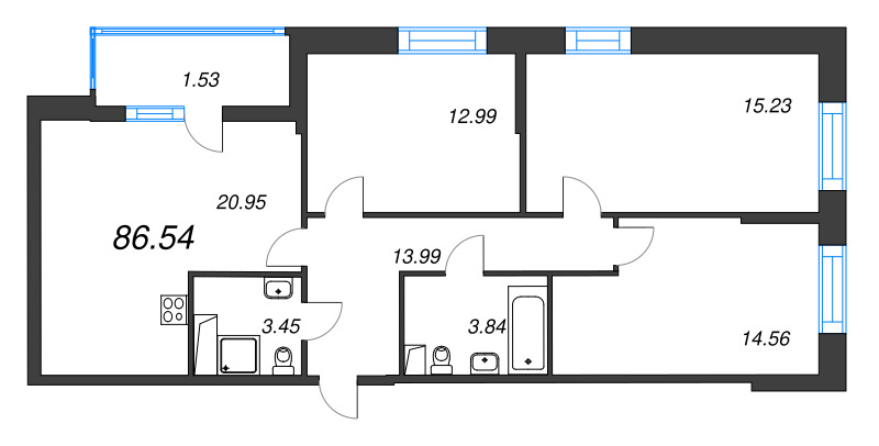 4-комнатная (Евро) квартира, 87.6 м² в ЖК "Аквилон Верба" - планировка, фото №1