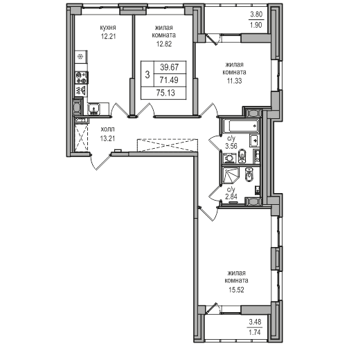 3-комнатная квартира, 74.2 м² в ЖК "Северная Долина" - планировка, фото №1