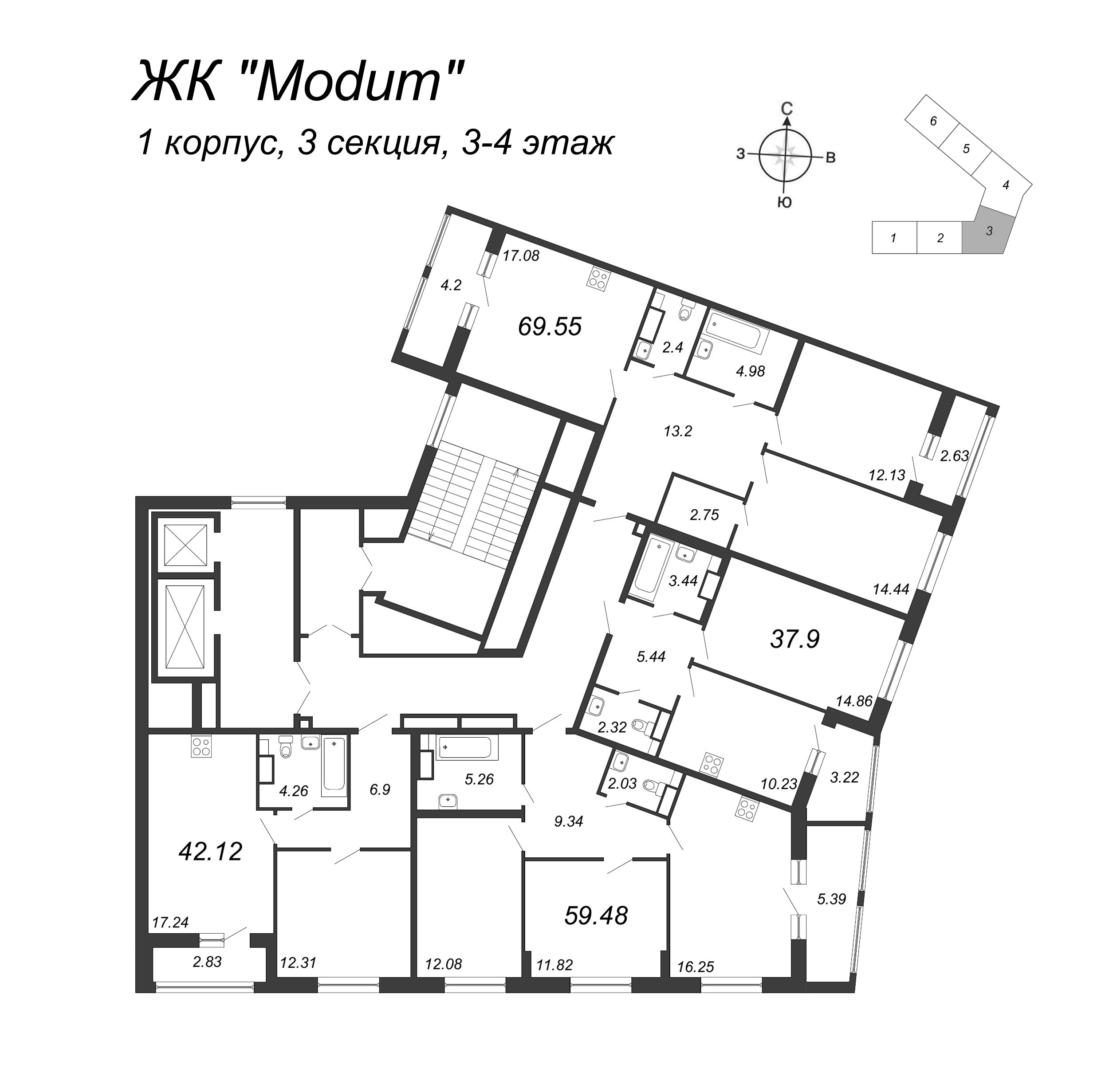 3-комнатная (Евро) квартира, 69.55 м² - планировка этажа