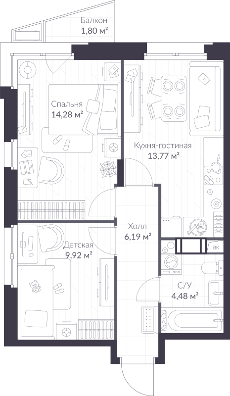 2-комнатная квартира, 49.18 м² в ЖК "VEREN NORT сертолово" - планировка, фото №1