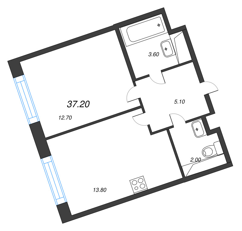 1-комнатная квартира, 37.2 м² в ЖК "Литера" - планировка, фото №1