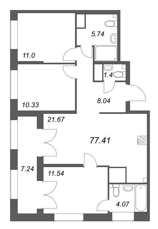 4-комнатная (Евро) квартира, 77.41 м² в ЖК "Речной квартал" - планировка, фото №1