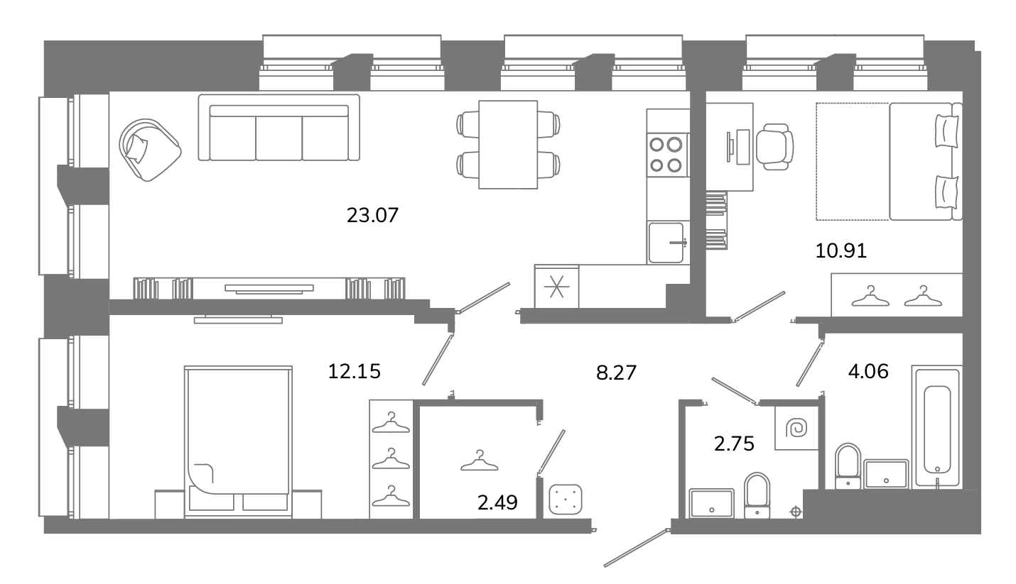 3-комнатная (Евро) квартира, 63.7 м² в ЖК "Твой космос" - планировка, фото №1