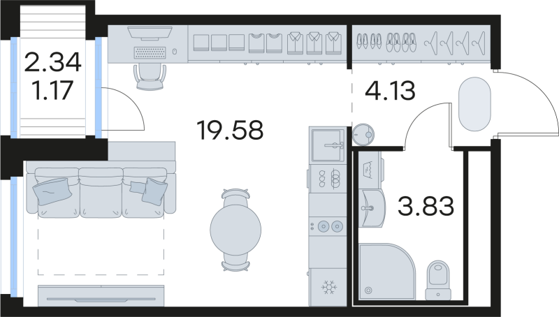 Квартира-студия, 28.71 м² в ЖК "GloraX Парголово" - планировка, фото №1