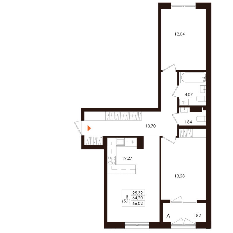 3-комнатная (Евро) квартира, 66.02 м² - планировка, фото №1