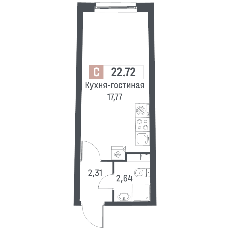 Квартира-студия, 22.72 м² в ЖК "Авиатор" - планировка, фото №1