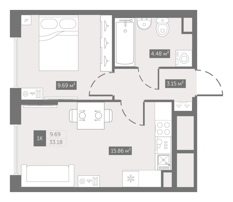 1-комнатная квартира, 33.18 м² - планировка, фото №1