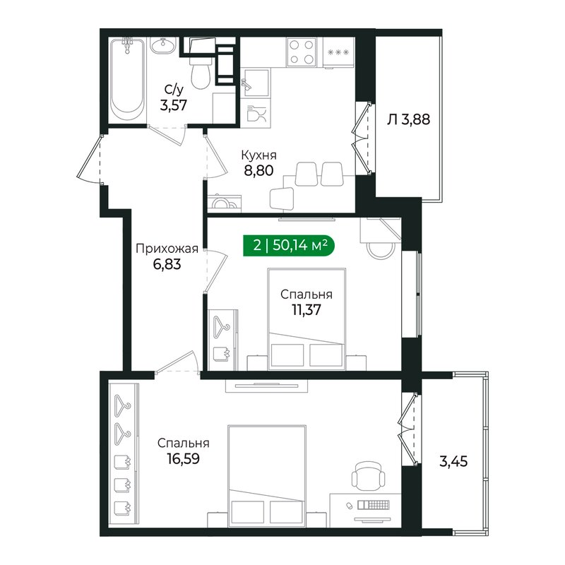 2-комнатная квартира, 47.1 м² в ЖК "Сертолово Парк" - планировка, фото №1
