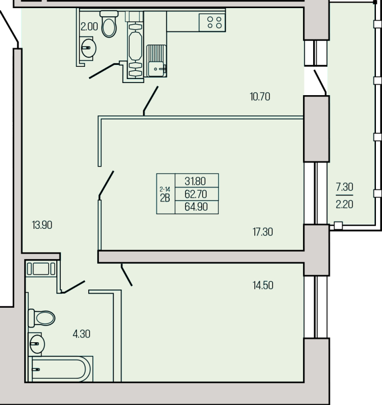 2-комнатная квартира, 67.1 м² в ЖК "Экос" - планировка, фото №1