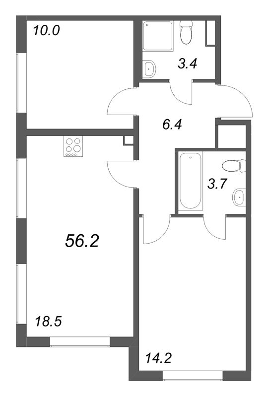 3-комнатная (Евро) квартира, 56.2 м² в ЖК "Пулково Лейк" - планировка, фото №1