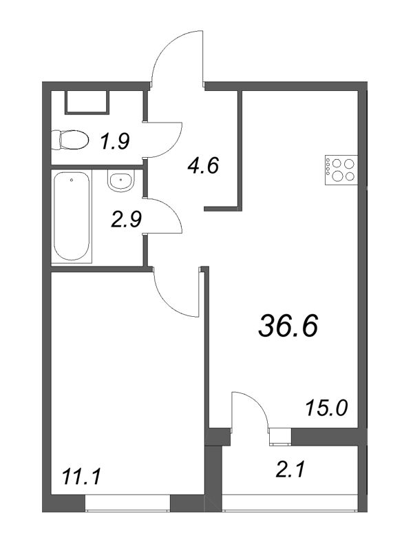 2-комнатная (Евро) квартира, 36.6 м² в ЖК "Дзета" - планировка, фото №1