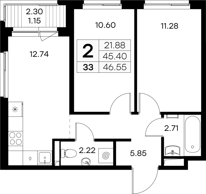 2-комнатная квартира, 46.55 м² - планировка, фото №1