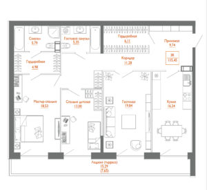 3-комнатная (Евро) квартира, 115.5 м² - планировка, фото №1