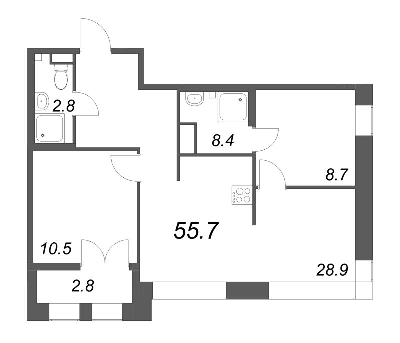 3-комнатная (Евро) квартира, 55.7 м² - планировка, фото №1