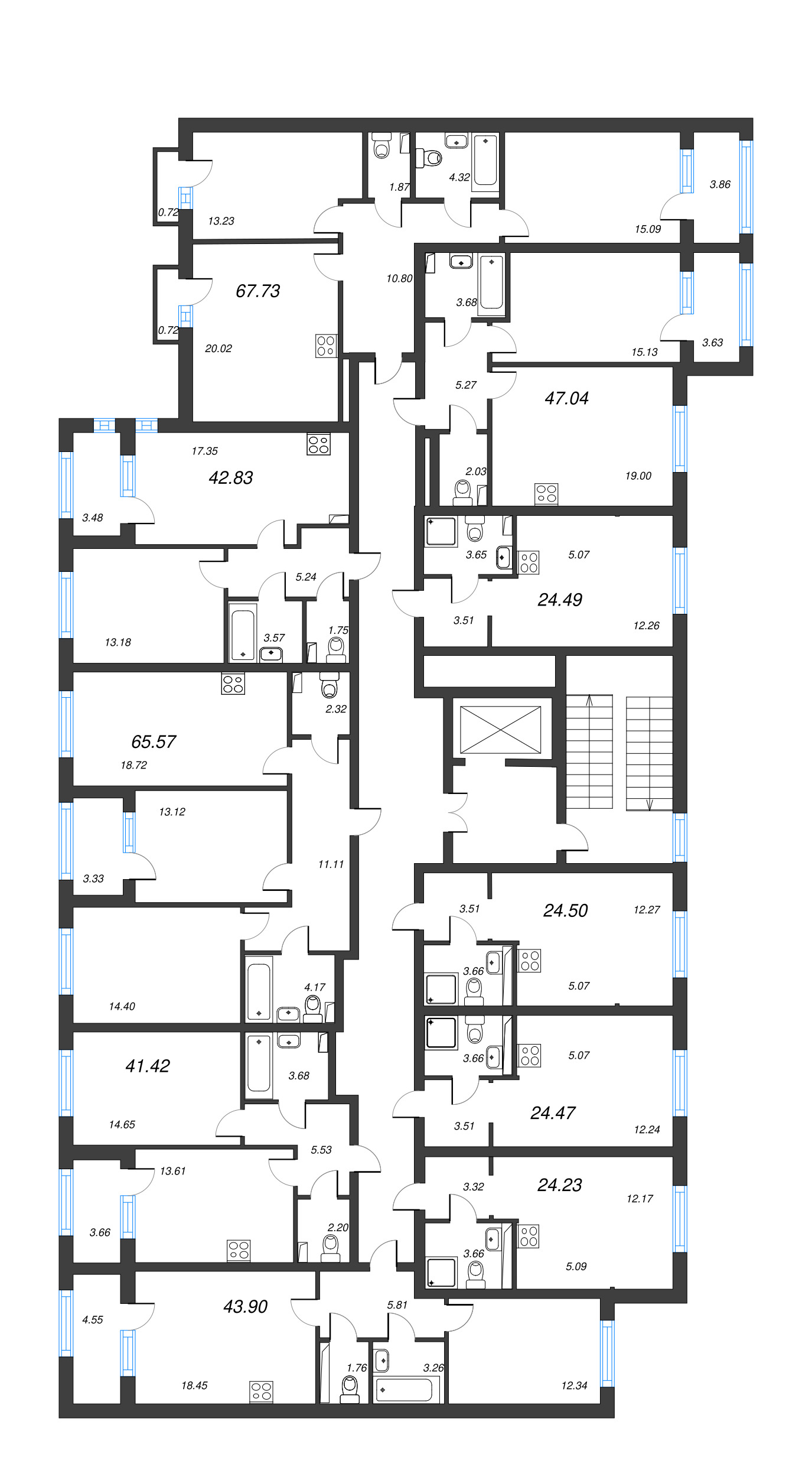 3-комнатная (Евро) квартира, 65.57 м² в ЖК "Кронфорт. Центральный" - планировка этажа