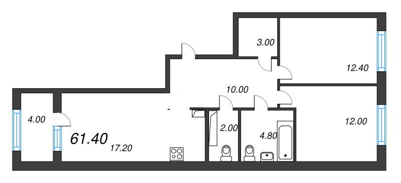 3-комнатная (Евро) квартира, 61.4 м² - планировка, фото №1