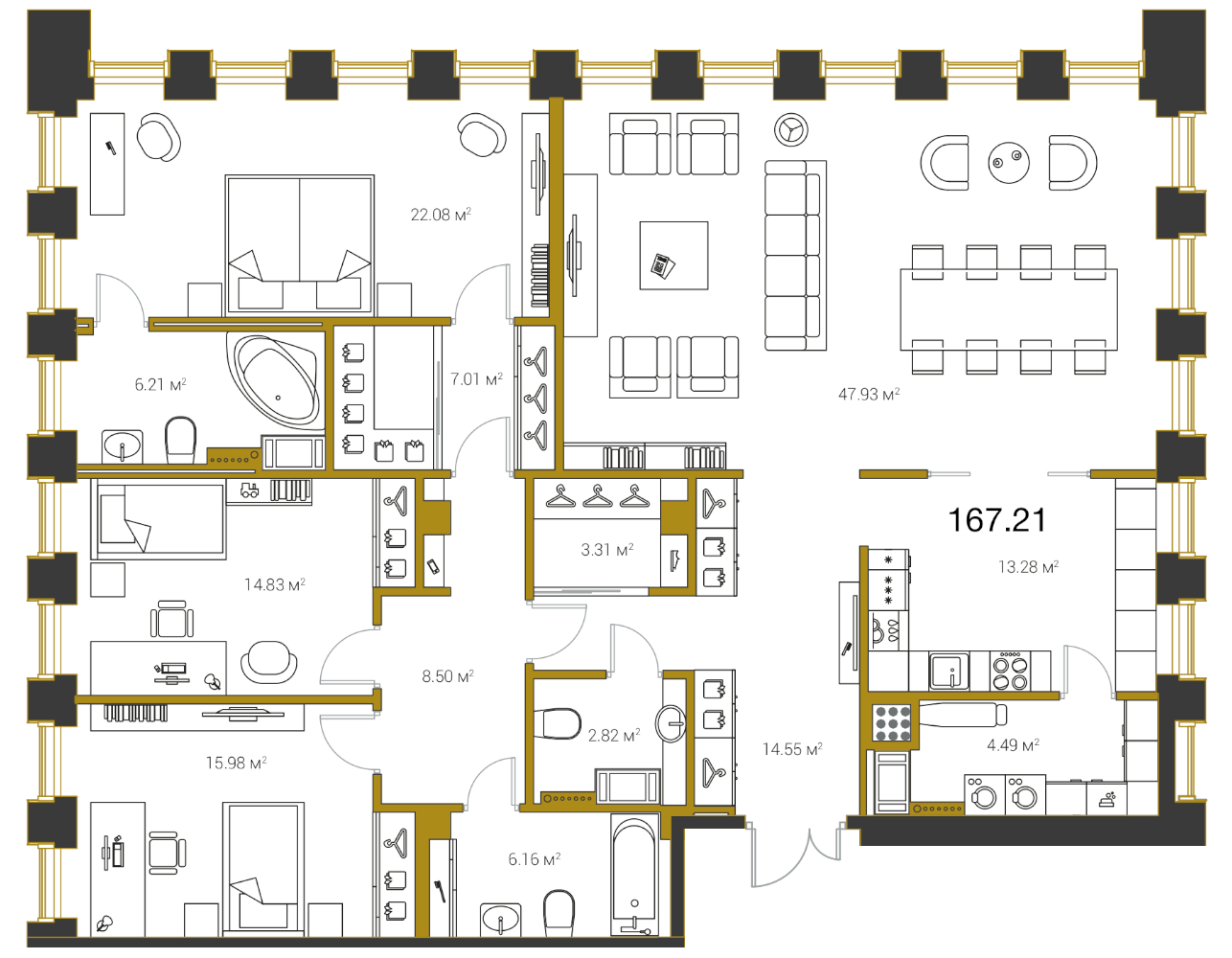 4-комнатная (Евро) квартира, 173.2 м² в ЖК "Legenda Premium Институтский, 16" - планировка, фото №1