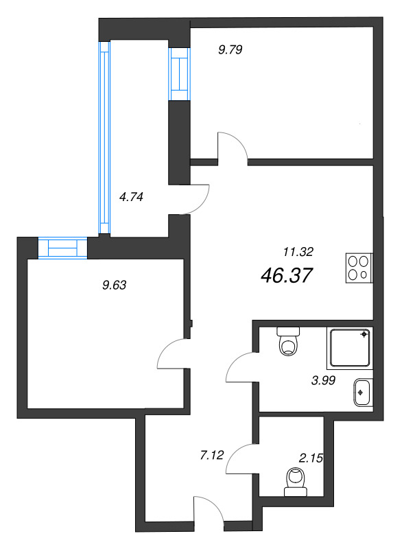 2-комнатная квартира, 46.37 м² в ЖК "Уютный" - планировка, фото №1
