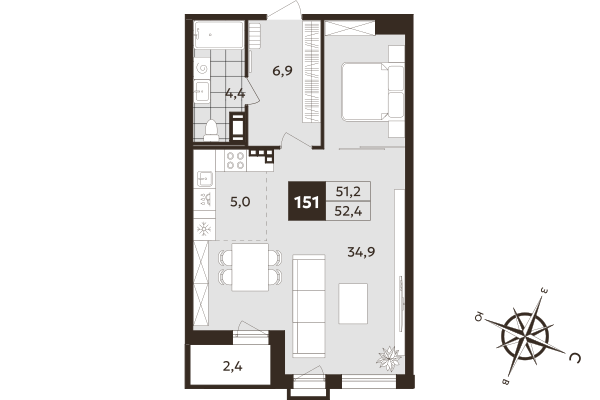 Квартира-студия, 51.2 м² в ЖК "Дом на Бронницкой" - планировка, фото №1