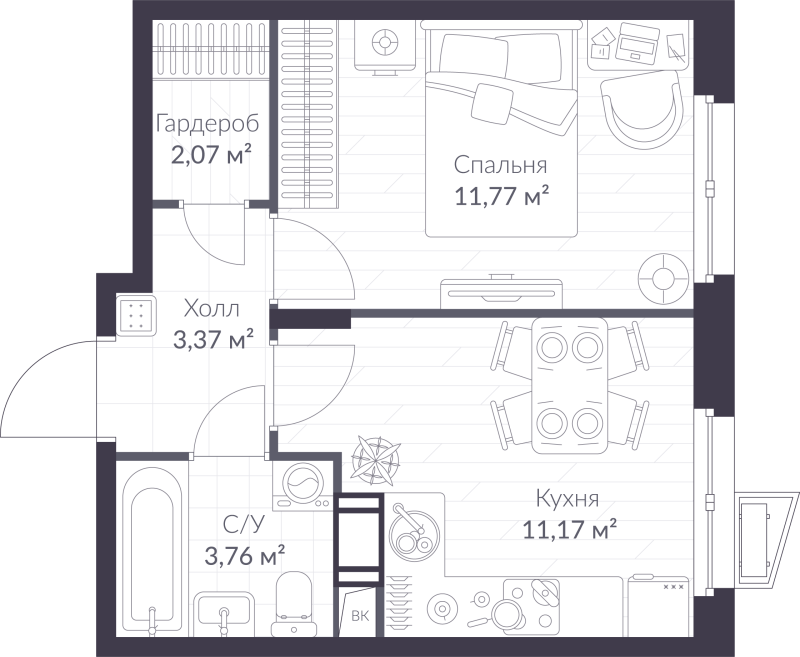 1-комнатная квартира, 32.14 м² в ЖК "VEREN NORT сертолово" - планировка, фото №1