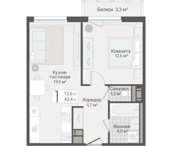 2-комнатная (Евро) квартира, 43.4 м² в ЖК "Руднева 15" - планировка, фото №1