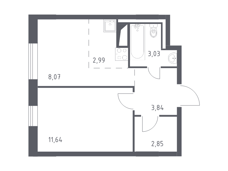 1-комнатная квартира, 32.42 м² - планировка, фото №1